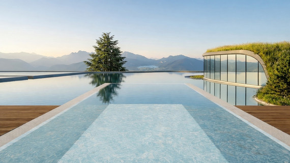 Infinitypool im Almsee am Mountain Resort Feuerberg mit Blick in die Weite
