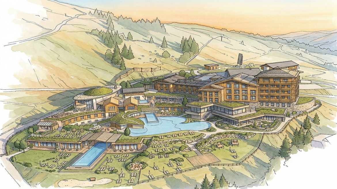 Gezeichnete Ansicht Mountain Resort Feuerberg nach Umbau 2026
