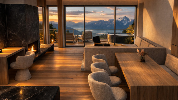 Luxus Suite Unendlich mit Sitzgelegenheiten, Kaminfeuer und Ausblick