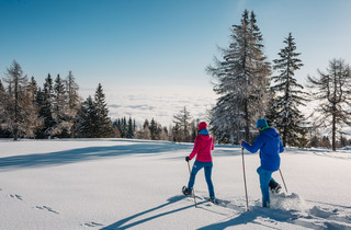 Mann und Frau beim Schneeschuhwandern durch eine verschneite Landschaft im Wellness- und Winterurlaub in Kärnten