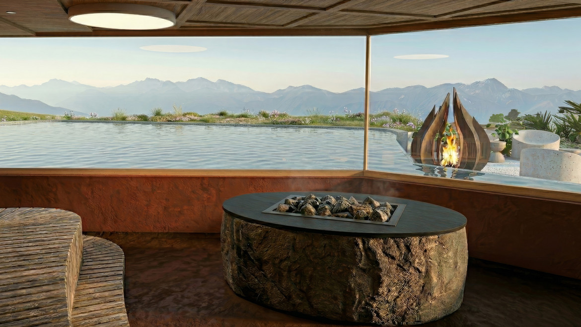 Ausblick von der See-Sauna mit Blick über Almsee in die Weite